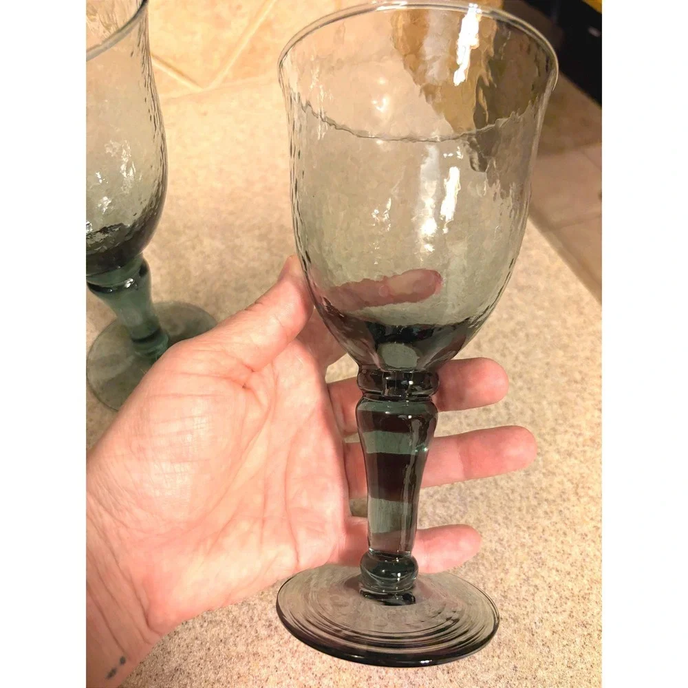 Pottery Barn Set of 2 Smoke Gray Hammered Glass Wine Water Rustic Goblet  7.5in